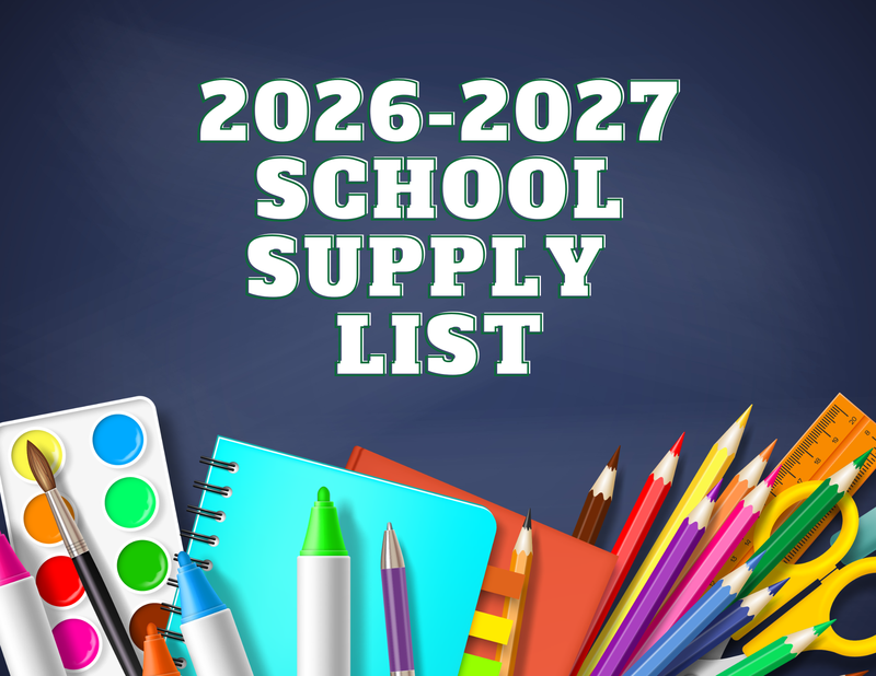 2026-2027 school supply list on a blue background with colorful school supplies underneath