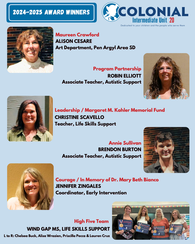 Award winners collage with names and roles at Colonial Intermediate Unit 20.