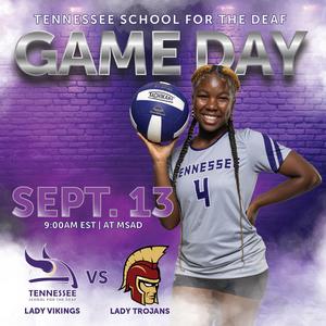 Volleyball flyer against Minnesota State Academy of the Deaf on September 13, 2025, at 9:00 AM EST.