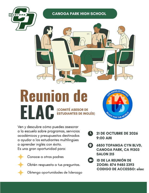 ELAC Meeting flyer in Spanish for room 215