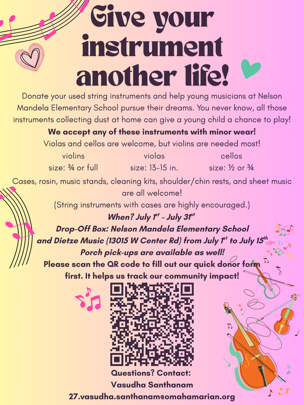 Pink and yellow flyer with music notes and hearts