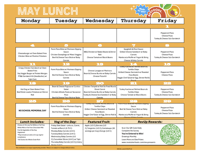 valley charter middle school monthly lunch menu