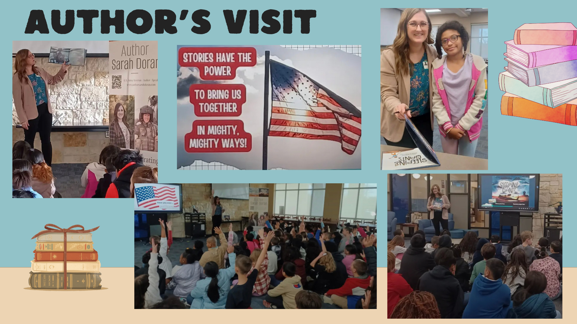 Pictures of author Sarah Dornan's visit to Jefferson Elementary with students.
