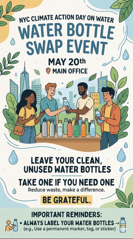 Event flyer for a water bottle swap on May 20th featuring colorful graphics.