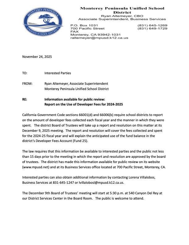 Message about Information available for public review:  Report on the Use of Developer Fees for 2024-2025