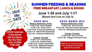 flyer with red and blue font and a firework graphic and small print of dates and locations