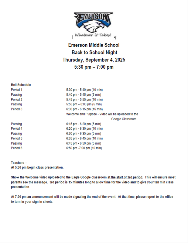 Back To School Night Schedule /  Horario de la noche de regreso a clases 9/4/2025