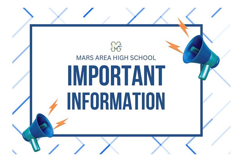 Mars Area High School announcement with loudspeakers and lightning icons.