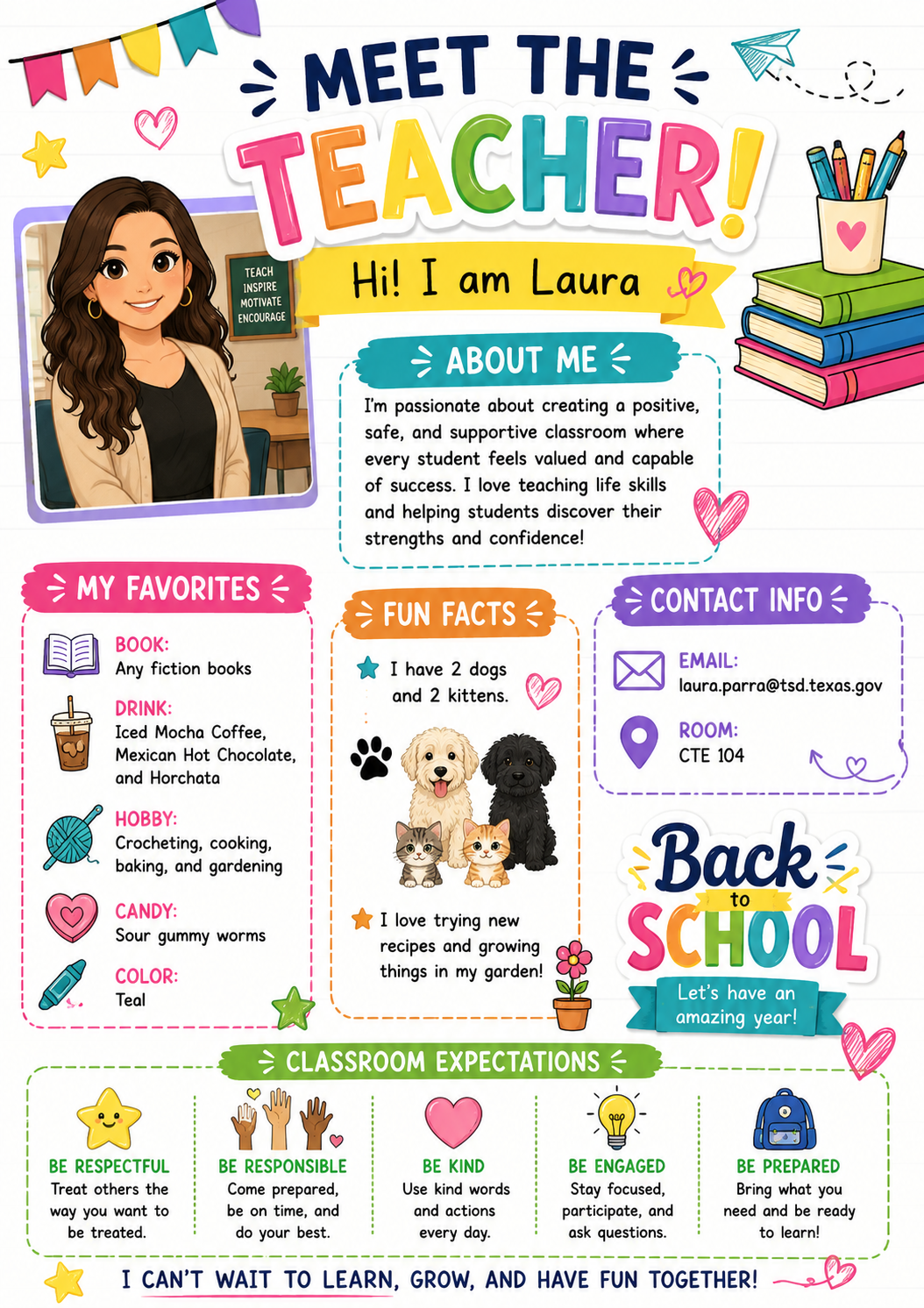 A colorful infographic about a teacher named Laura with personal details.