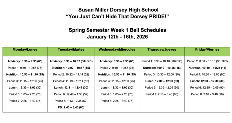 Dorsey Spring Semester Week 1 Bell Schedule