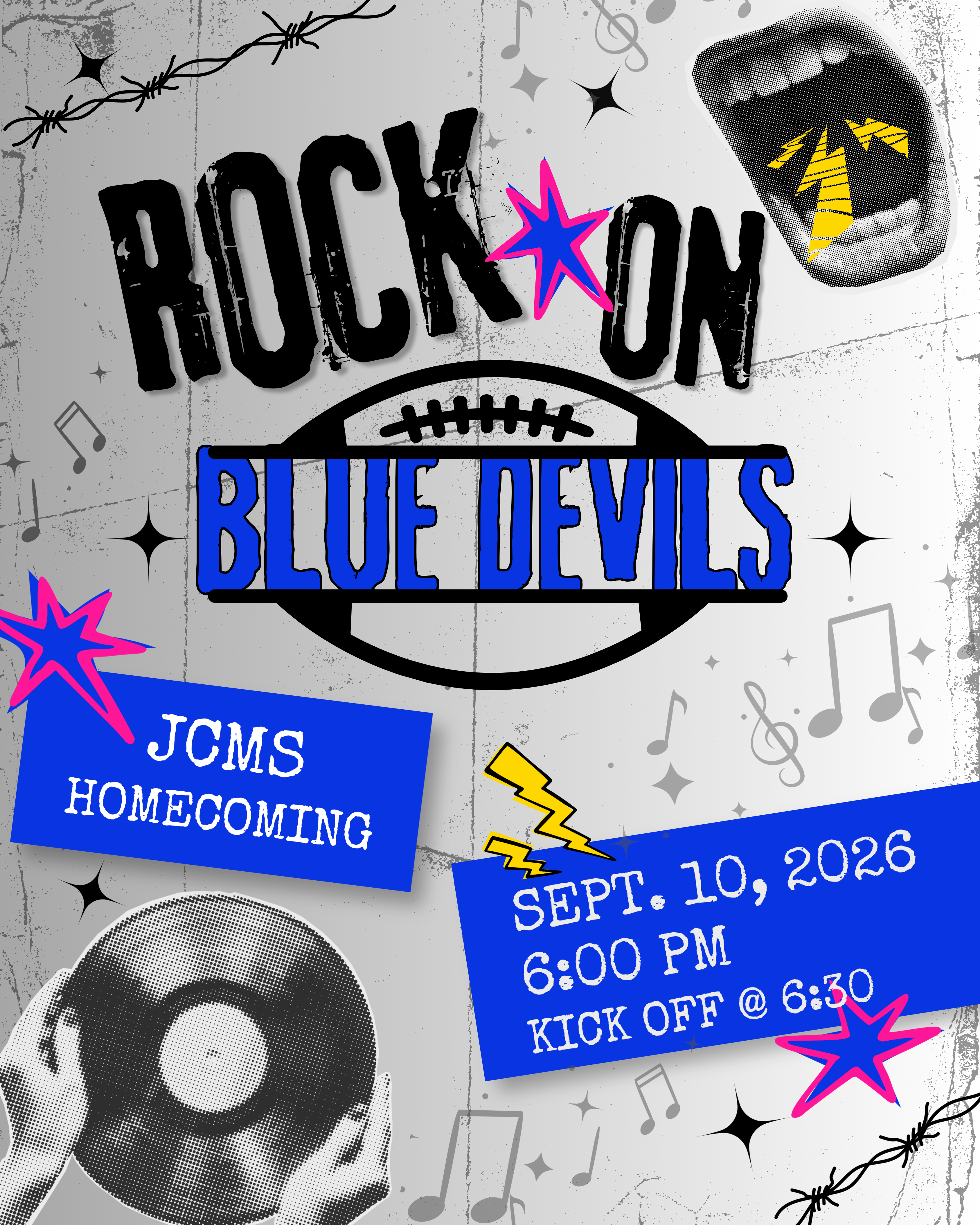 Rock on Blue Devils JCMS Homecoming! The game will be September 10 with kick-off at 6:30 p.m.! Show up at 6 p.m. to support your Homecoming Court!