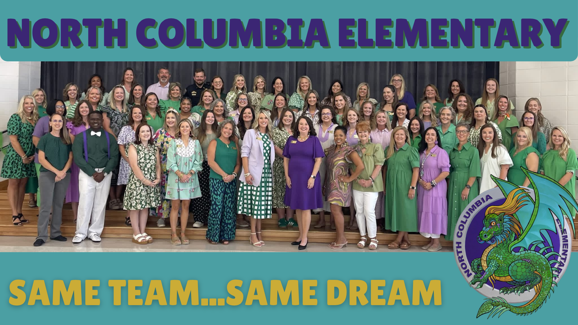 A large group of teachers and staff posing together in green and purple outfits.