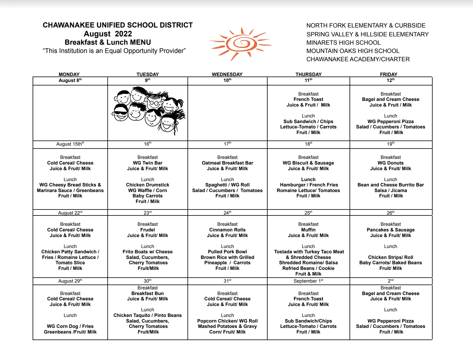 Meal Menu For Parents Spring Valley Elementary School