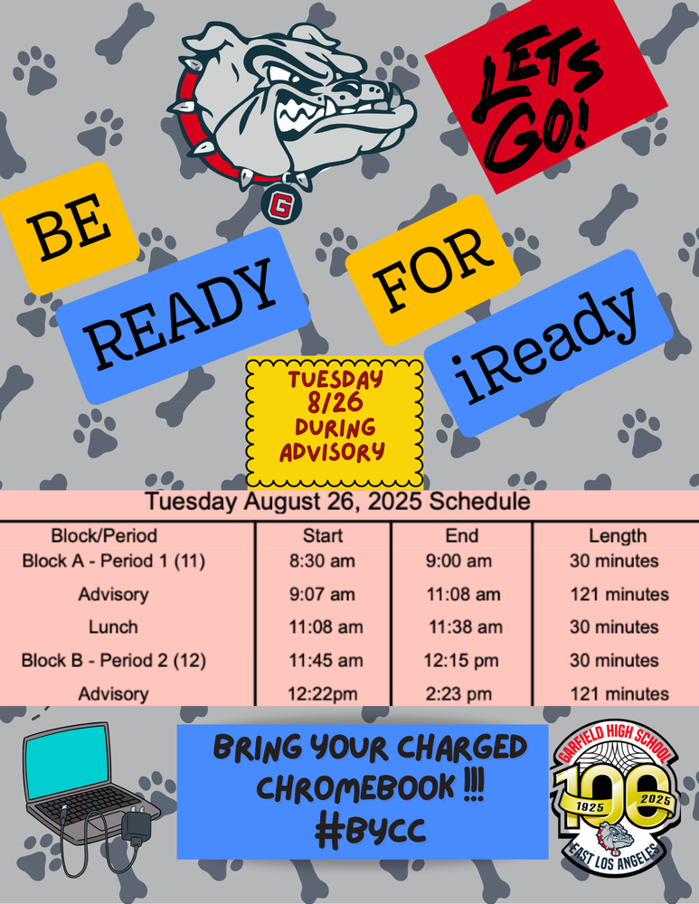 I-READY REMINDER! - BRING CHROMEBOOK CHARGED AND CHARGER