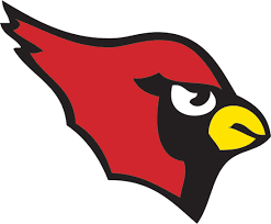 Red cardinal bird logo with a fierce expression.