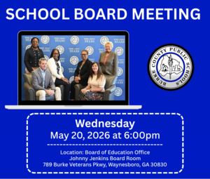 School Board Meeting Wednesday, May 20th at 6PM, Image with 5 board members and superintendent in front of BCPS backdrop