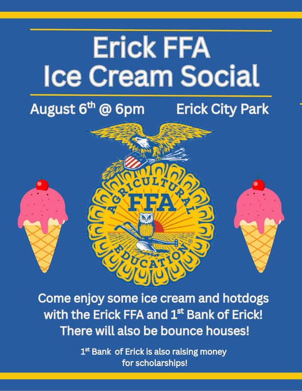 Event flyer for Erick FFA Ice Cream Social with ice cream cones and vibrant graphics.