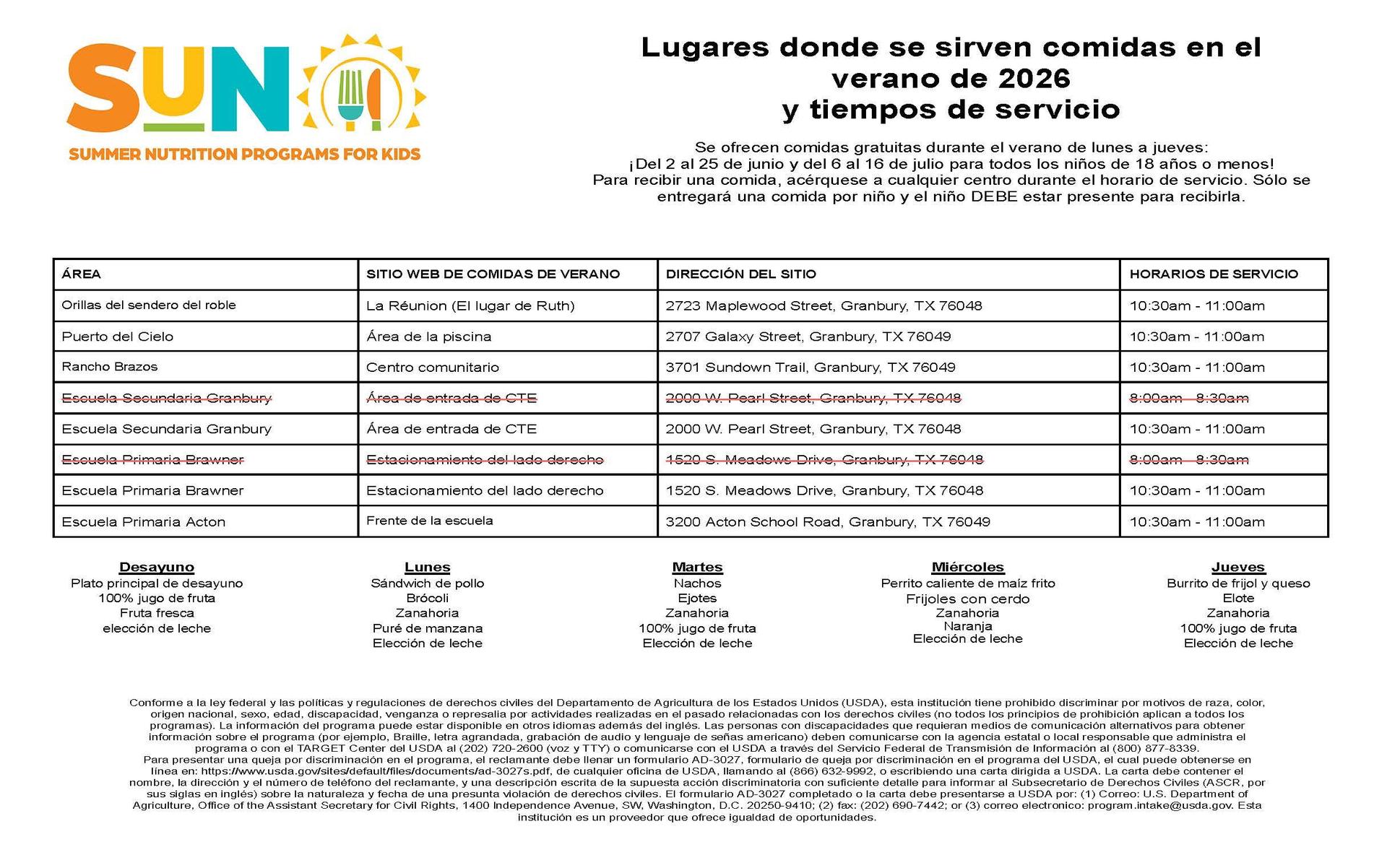 SPANISH 2026 Summer Feeding Schedule