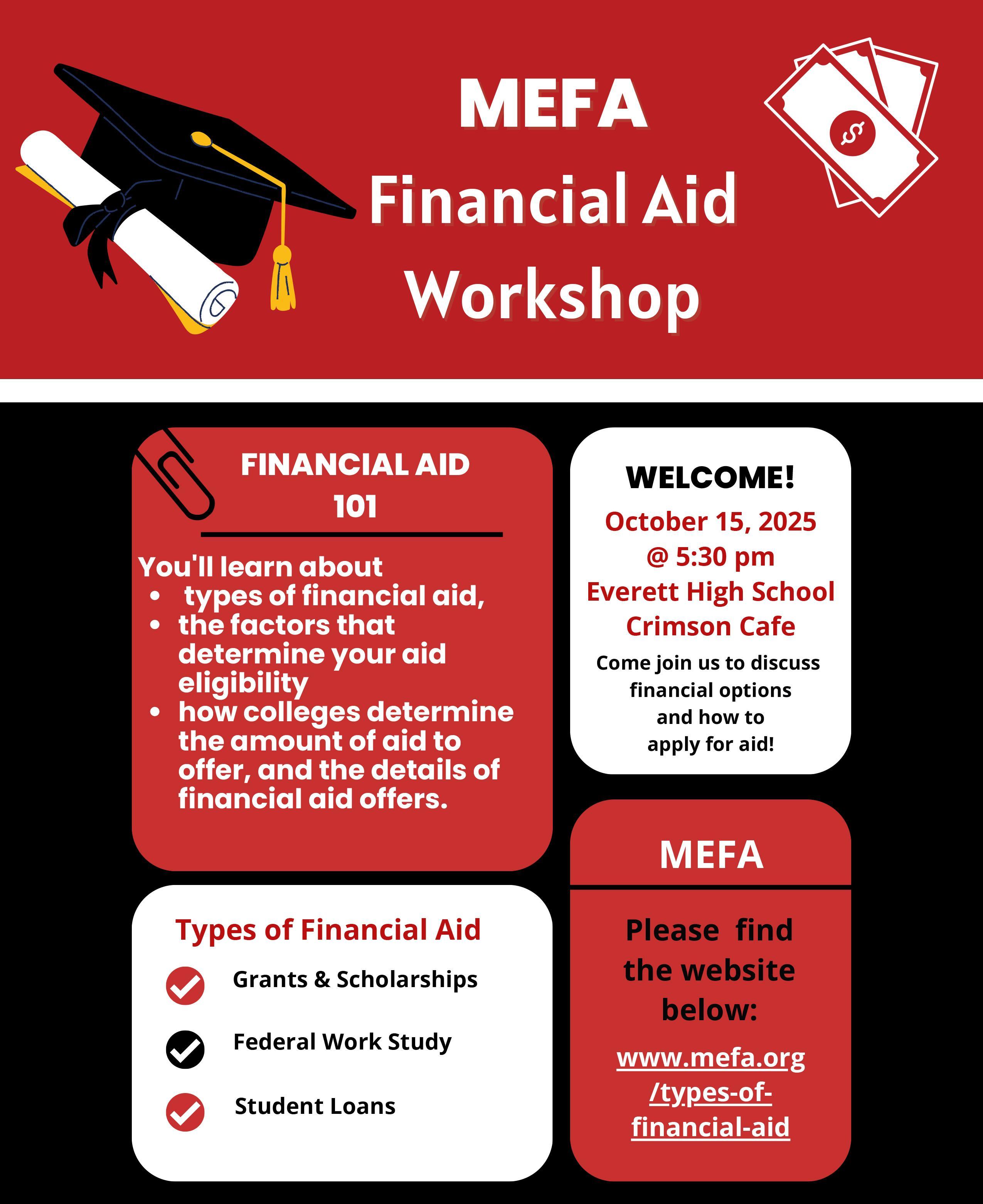 Information flyer for a financial aid workshop with details and graphics.