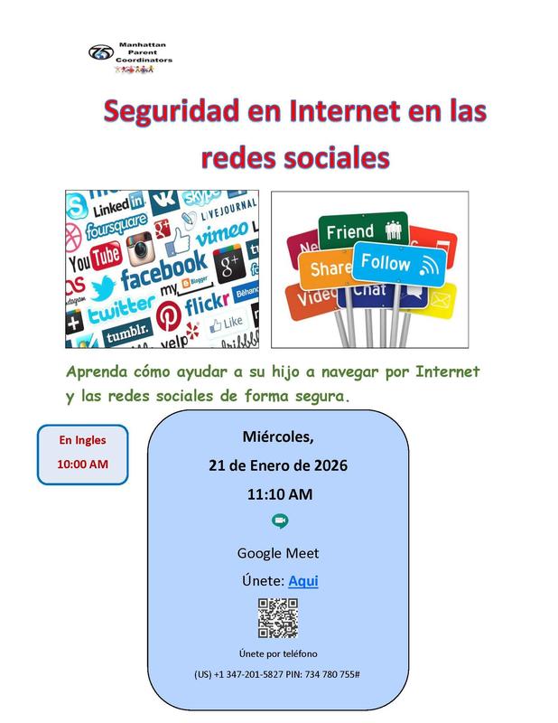 Poster about Social Media Internet Safety with logos of various social media platforms. - Spanish