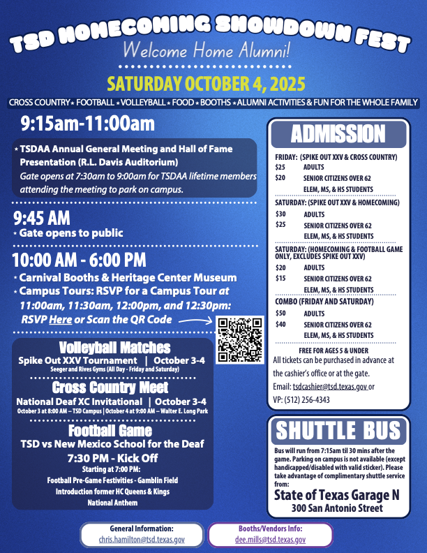 Colorful event flyer for TSD Homecoming Showdown Fest on October 4, 2025. Includes event times, admission pricing, shuttle info, and highlights like volleyball and football games, cross country meet, carnival booths, and campus tours. Contact info and RSVP QR code included.