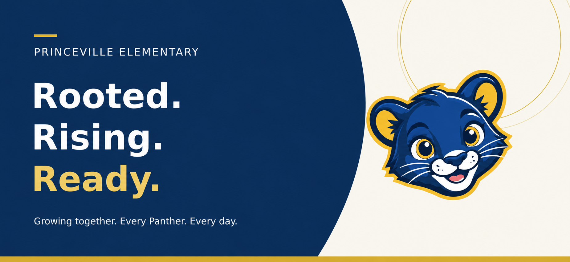Princeville Elementary: Rooted. Rising. Ready. Growing together. Every Panther. Every day. Navy and gold banner with a smiling panther mascot.