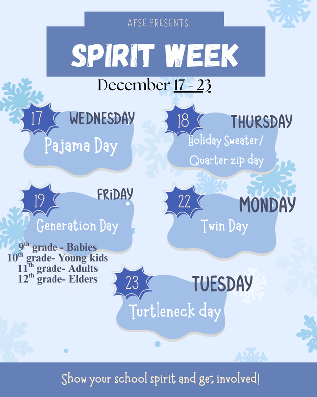 Spirit Week schedule featuring various themed days across the week.