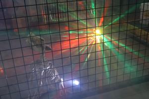 Colorful strobe lights illuminate dog skeleton decoration