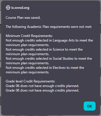 Infinite Campus alert screenshot when not enough credits are selected.