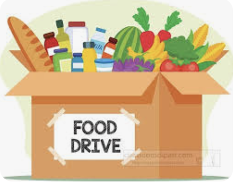 Cardboard box with food stacked inside and "Food Drive" label on the front