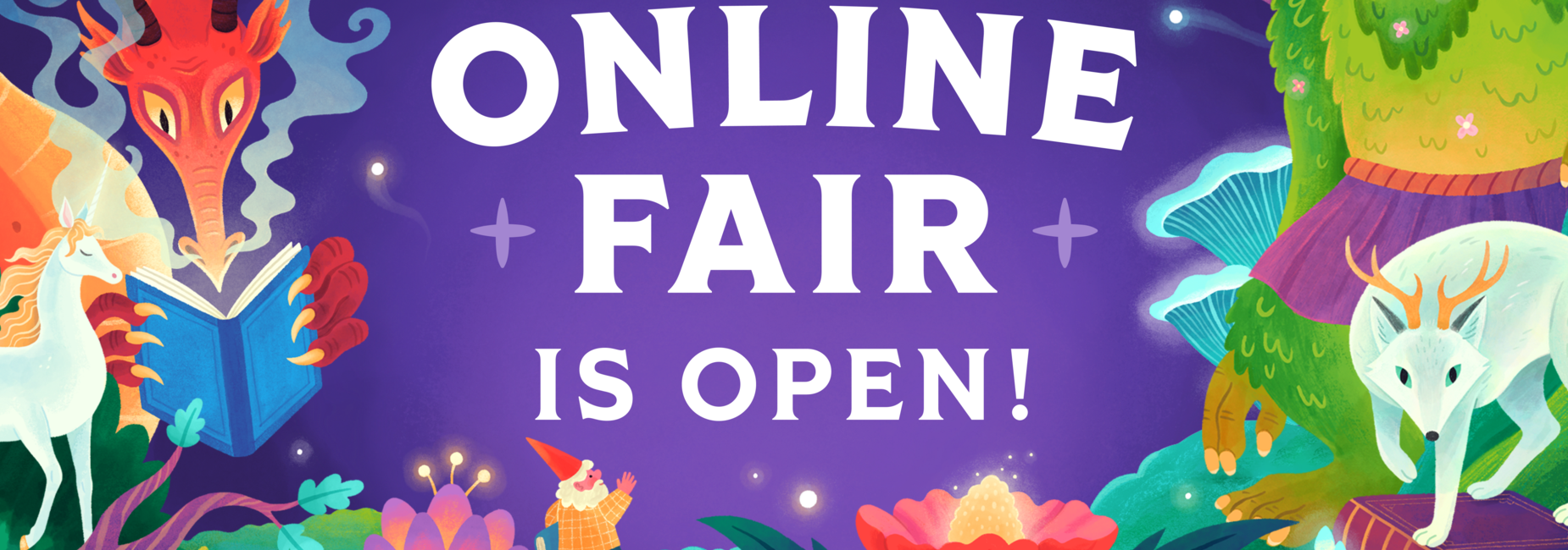 Vibrant illustration with 'ONLINE FAIR IS OPEN!' surrounded by fantasy creatures and nature.