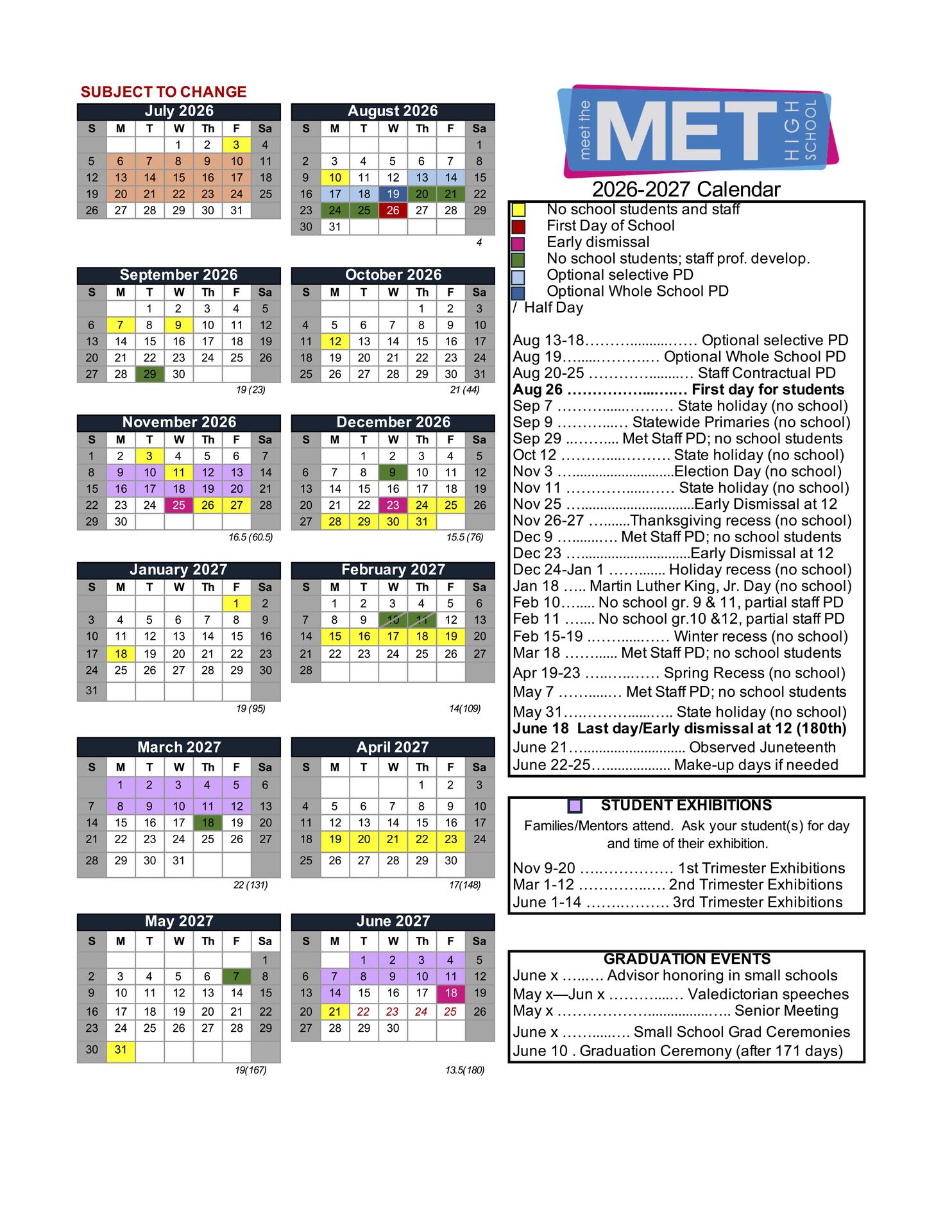 Met School Calendar