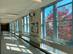 The hallways of NEST+m are sunny and bright.