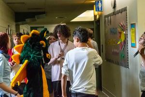 Students with School Mascot Darby during Arts Fest