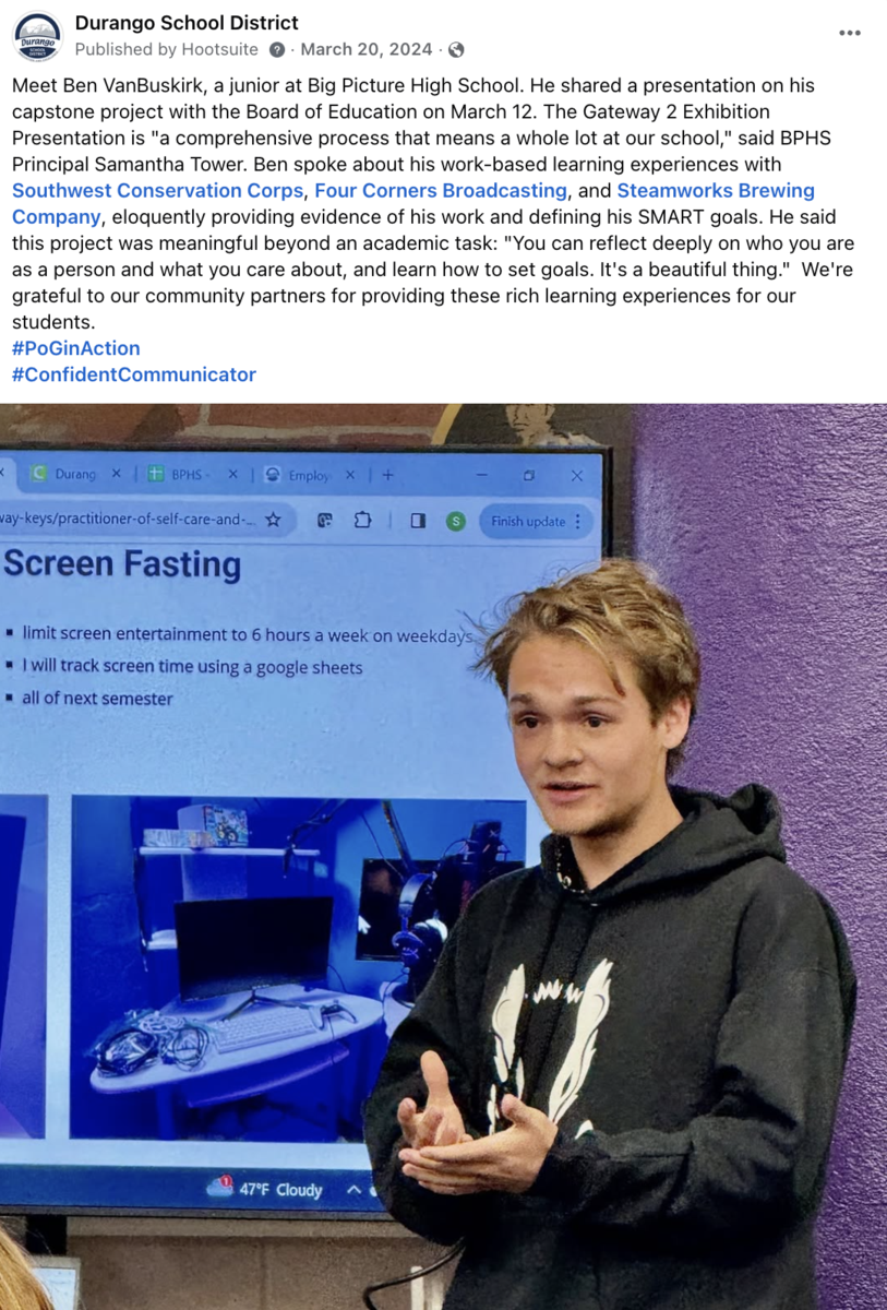 Facebook post showing a high-school student giving a presentation on screen fasting