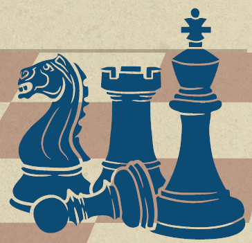 Blue chess pieces on a cream and tan checker board