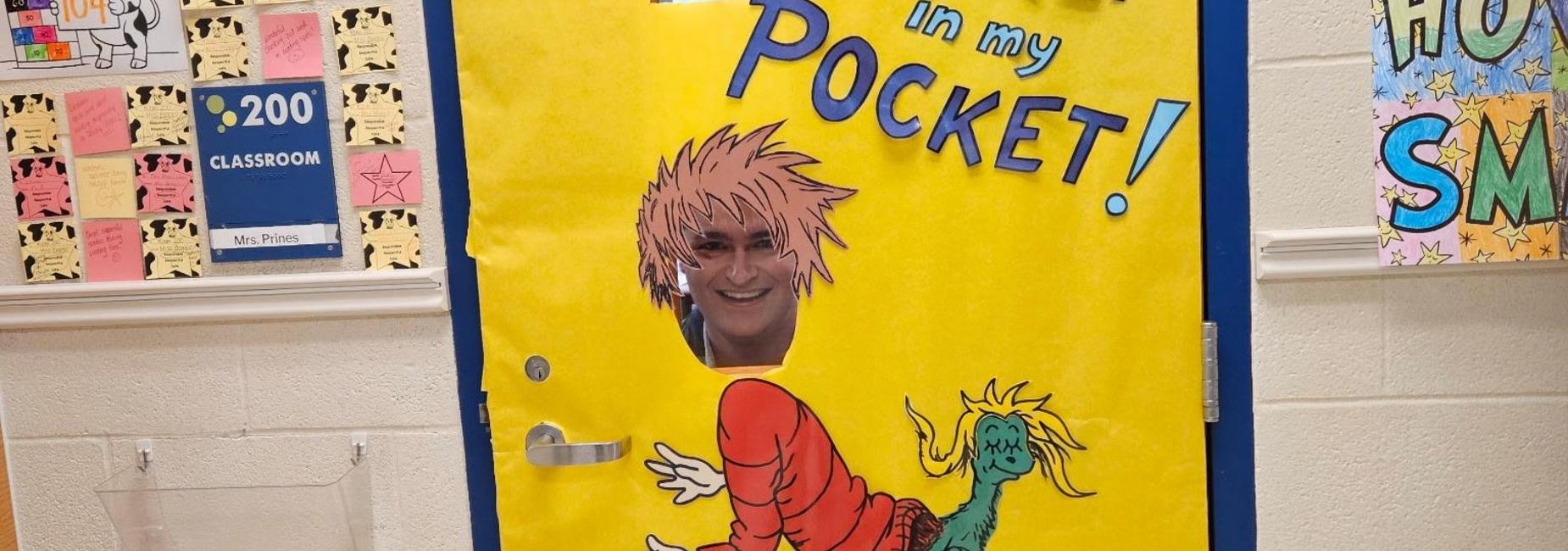 Colorful dr seuss "There's a Wocket in my Pocket" class door.