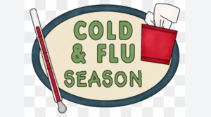 Illustration featuring the text 'Cold & Flu Season', thermometer, and tissues.