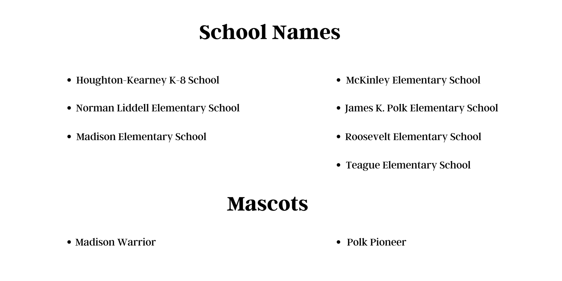 School Names and Mascots for Review