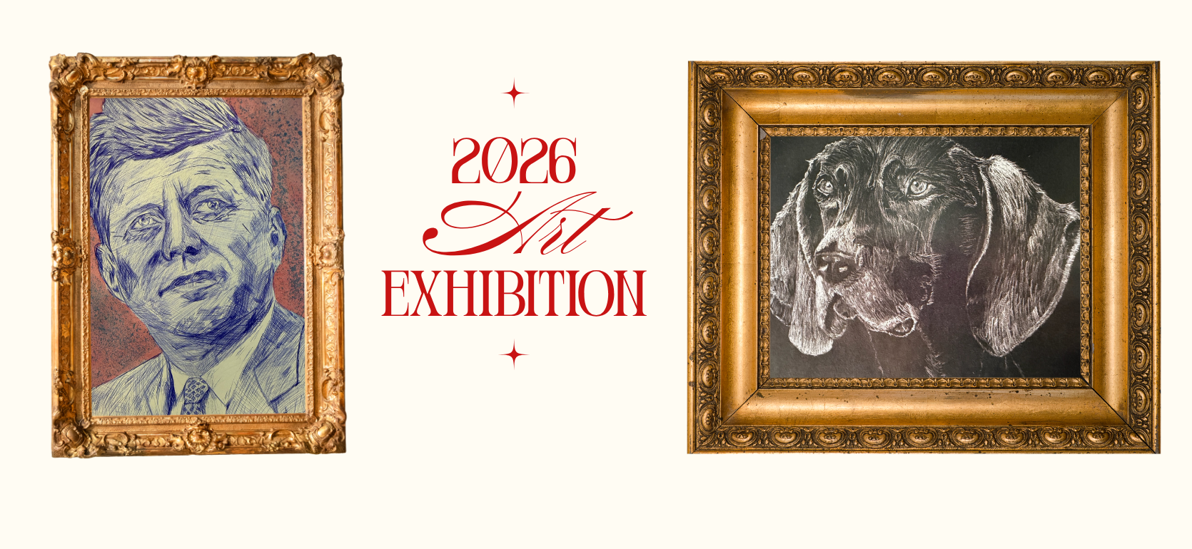 Art exhibition featuring portrait of John F. Kennedy and a dog.