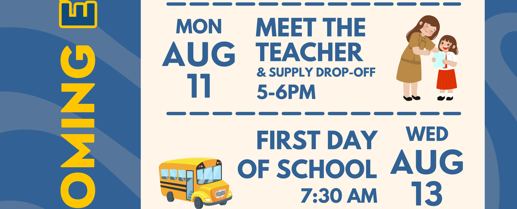 Colorful schedule of school events with illustrations of a teacher and a school bus.