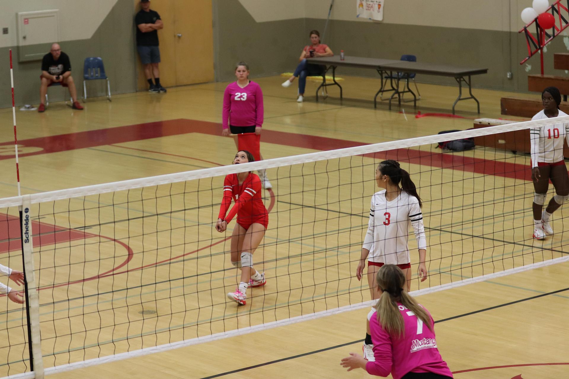 varsity volleyball players in action against Minarets