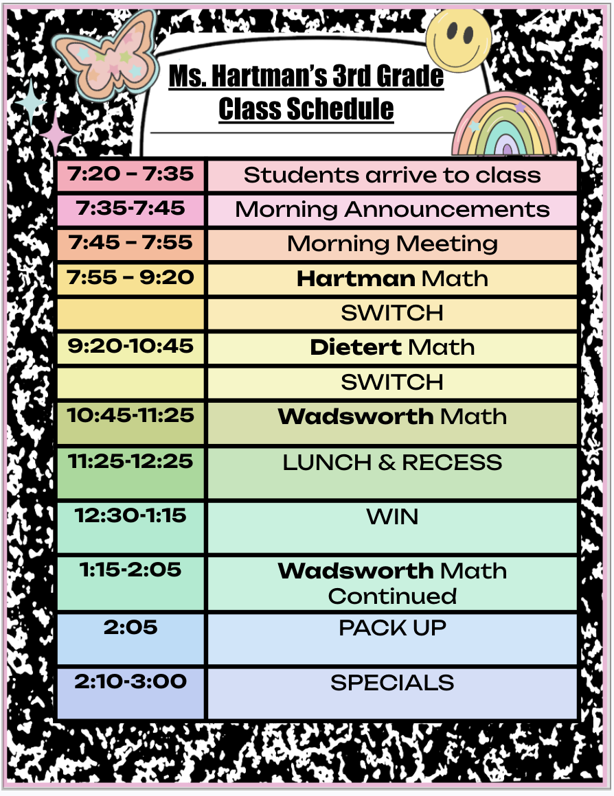 Class schedule for Ms. Hartman with time slots and subjects listed.