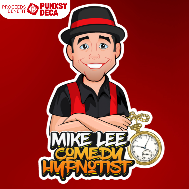 Red background with illustrated picture of Mike Lee, Comedy Hypnotist