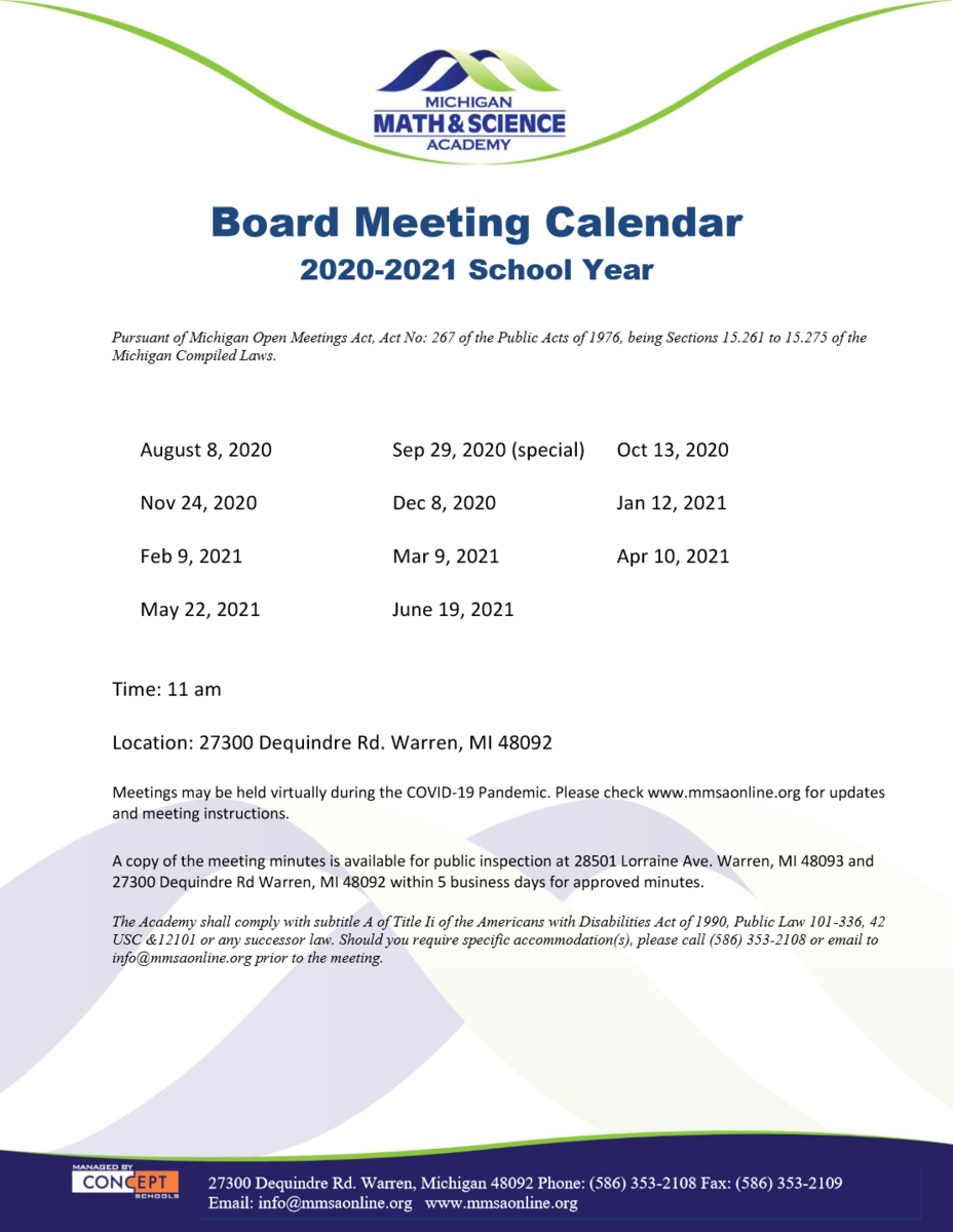 Board Calendar – Governing Board – Michigan Math and Science Academy  Lorraine