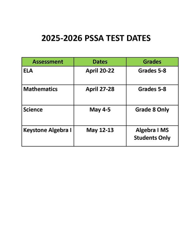 2025-2026 PSSA TEST DATES