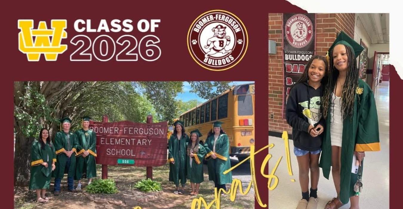 Graduates celebrating outside Boomer-Ferguson Elementary, showcasing their caps and gowns.