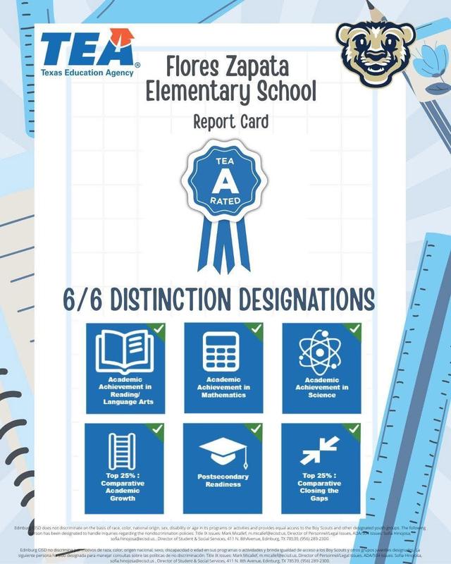 TEA Texas Education Agency Flores Zapata Elementary School Report Card TEA A RATED 6/6 DISTINCTION DESIGNATIONS