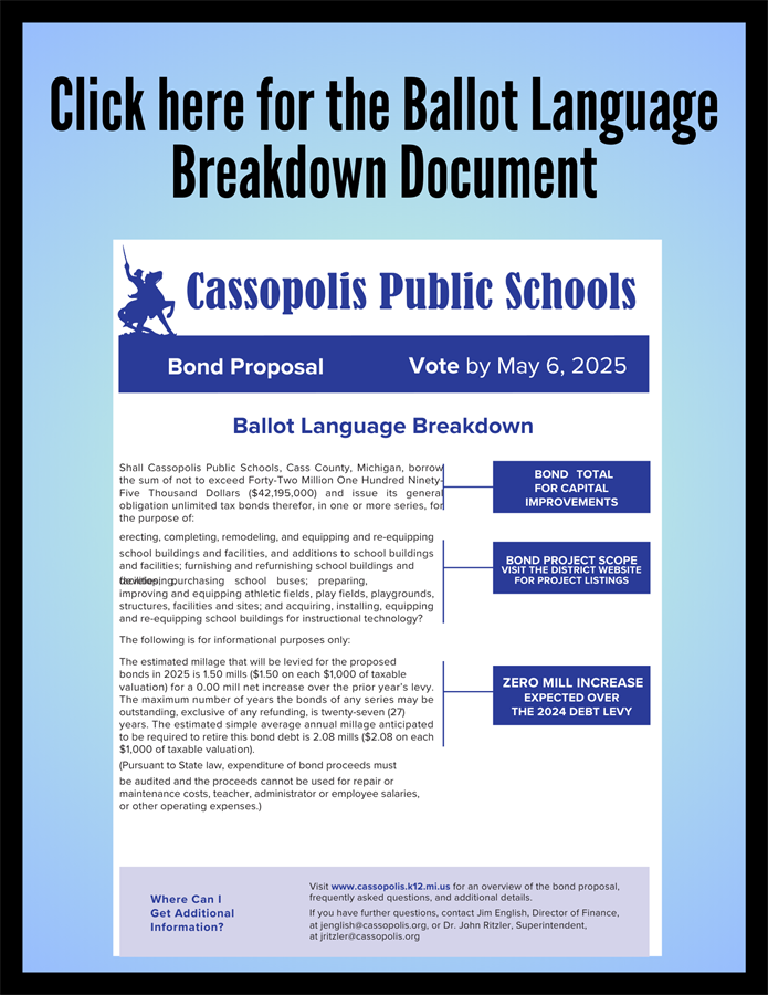 Cassopolis Public Schools bond proposal ballot language breakdown flyer with May 6, 2025 vote info.