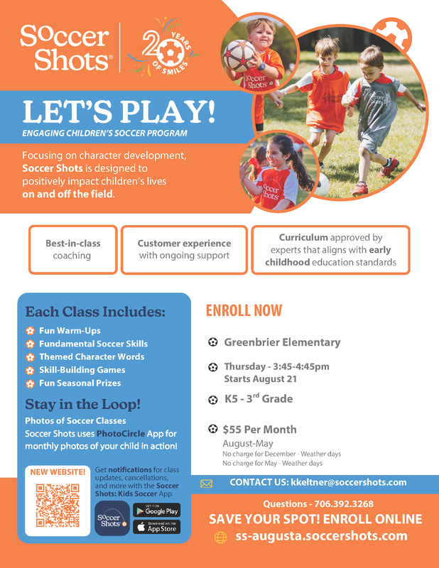 A colorful flyer promoting Soccer Shots, highlighting children's soccer programs and enrollment details.
